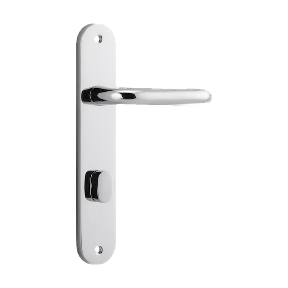 Door Lever Oslo Return Oval Privacy Polished Chrome CTC85mm L118xP56mm BPH240xW50mm Privacy Kit Tube Latch Split Cam 'T' Striker Polished Chrome Backset 60mm, Privacy Bolt Round Bolt Polished Chrome Backset 60mm in Polished Chrome