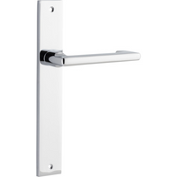 Pair of Iver Baltimore return lever door handles on rectangular backplates, featuring a sleek, modern design in a natural finish.