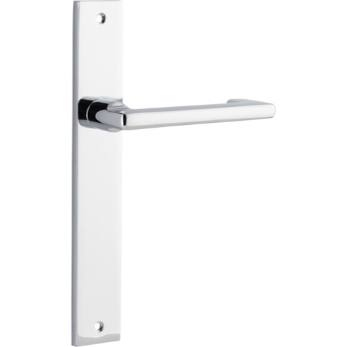 Pair of Iver Baltimore return lever door handles on rectangular backplates, featuring a sleek, modern design in a natural finish.