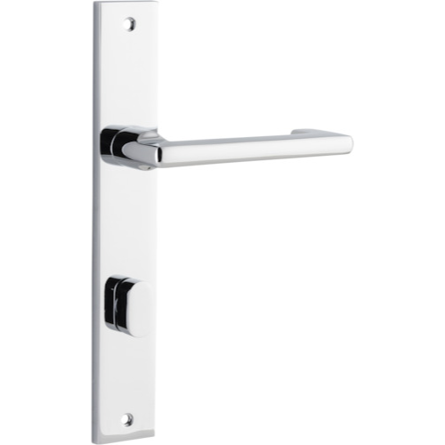 Pair of Iver Baltimore return levers on rectangular backplates, showcasing polished metal finish and modern design.