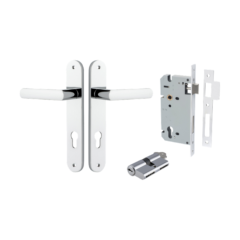Door Lever Osaka Oval Euro Pair Polished Chrome CTC85mm H240xW40xP55mm Entrance Kit Mortice Lock Euro Polished Chrome CTC85mm Backset 60mm, Euro Cylinder Dual Function 5 Pin Polished Chrome L65mm KA1 in Polished Chrome