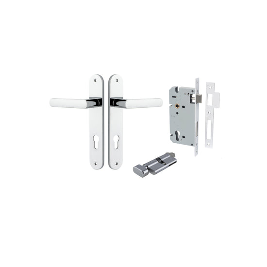 Door Lever Osaka Oval Euro Pair Polished Chrome CTC85mm H240xW40xP55mm Entrance Kit Mortice Lock Euro Polished Chrome CTC85mm Backset 60mm, Euro Cylinder Key Thumb 6 Pin Polished Chrome L70mm KA1 in Polished Chrome