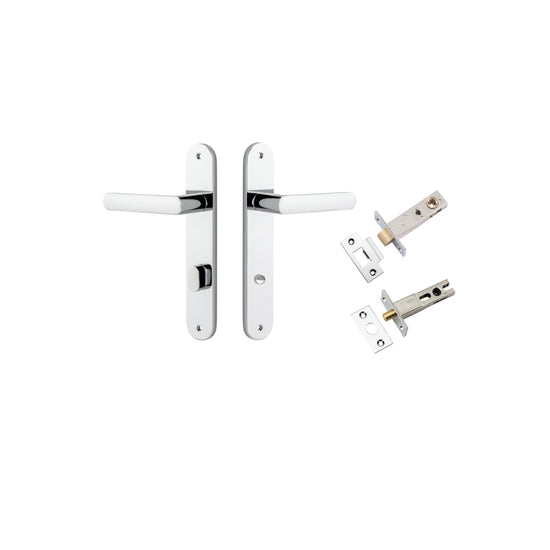 Door Lever Osaka Oval Privacy Pair Polished Chrome CTC85mm H240xW40xP55mm Privacy Kit Tube Latch Split Cam 'T' Striker Polished Chrome Backset 60mm, Privacy Bolt Round Bolt Polished Chrome Backset 60mm in Polished Chrome