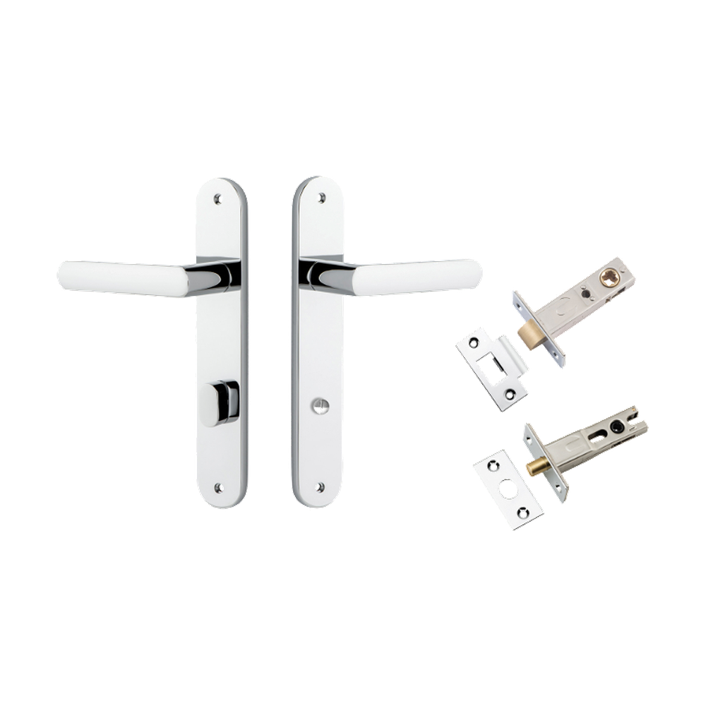 Door Lever Osaka Oval Privacy Pair Polished Chrome CTC85mm H240xW40xP55mm Privacy Kit Tube Latch Split Cam 'T' Striker Polished Chrome Backset 60mm, Privacy Bolt Round Bolt Polished Chrome Backset 60mm in Polished Chrome