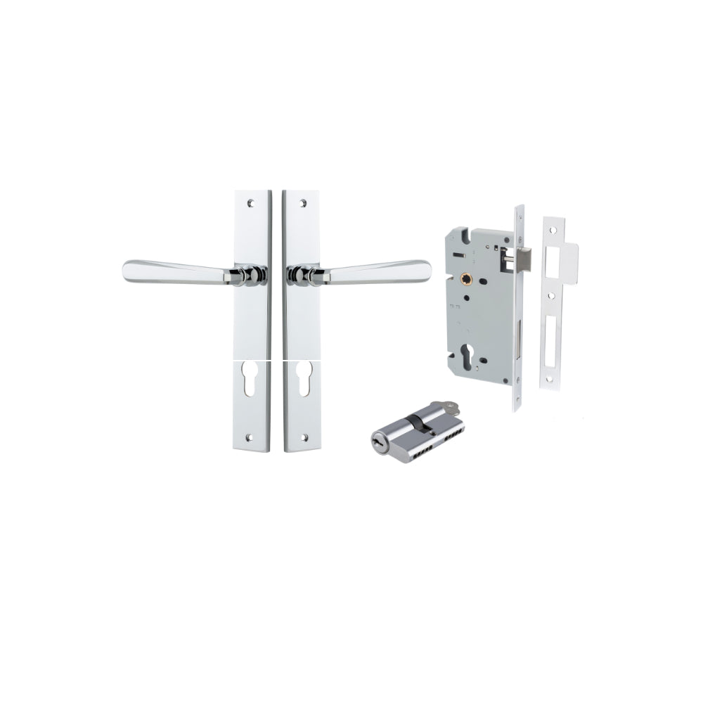 Door Lever Copenhagen Rectangular Euro Pair Polished Chrome CTC85mm H240xW38xP61mm Entrance Kit, Mortice Lock Euro Polished Chrome CTC85mm Backset 60mm, Euro Cylinder Dual Function 5 Pin Polished Chrome L65mm KA1 in Polished Chrome