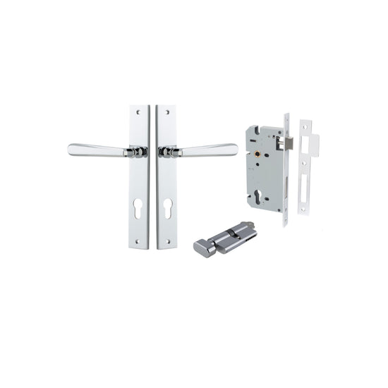 Door Lever Copenhagen Rectangular Euro Pair Polished Chrome CTC85mm H240xW38xP61mm Entrance Kit, Mortice Lock Euro Polished Chrome CTC85mm Backset 60mm, Euro Cylinder Key Thumb 6 Pin Polished Chrome L70mm KA1 in Polished Chrome