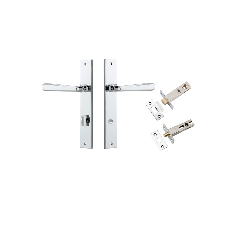 Door Lever Copenhagen Rectangular Privacy Pair Polished Chrome CTC85mm H240xW38xP61mm Inbuilt Privacy Kit, Tube Latch Split Cam 'T' Striker Polished Chrome Backset 60mm, Privacy Bolt Round Bolt Polished Chrome Backset 60mm in Polished Chrome