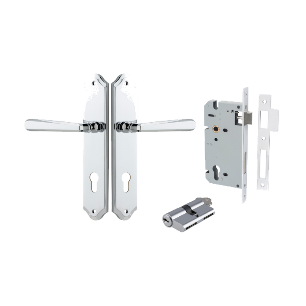 Door Lever Copenhagen Shouldered Euro Pair Polished Chrome CTC85mm H250xW48xP61mm Entrance Kit Mortice Lock Euro Polished Chrome CTC85mm Backset 60mm, Euro Cylinder Dual Function 5 Pin Polished Chrome L65mm KA1 in Polished Chrome