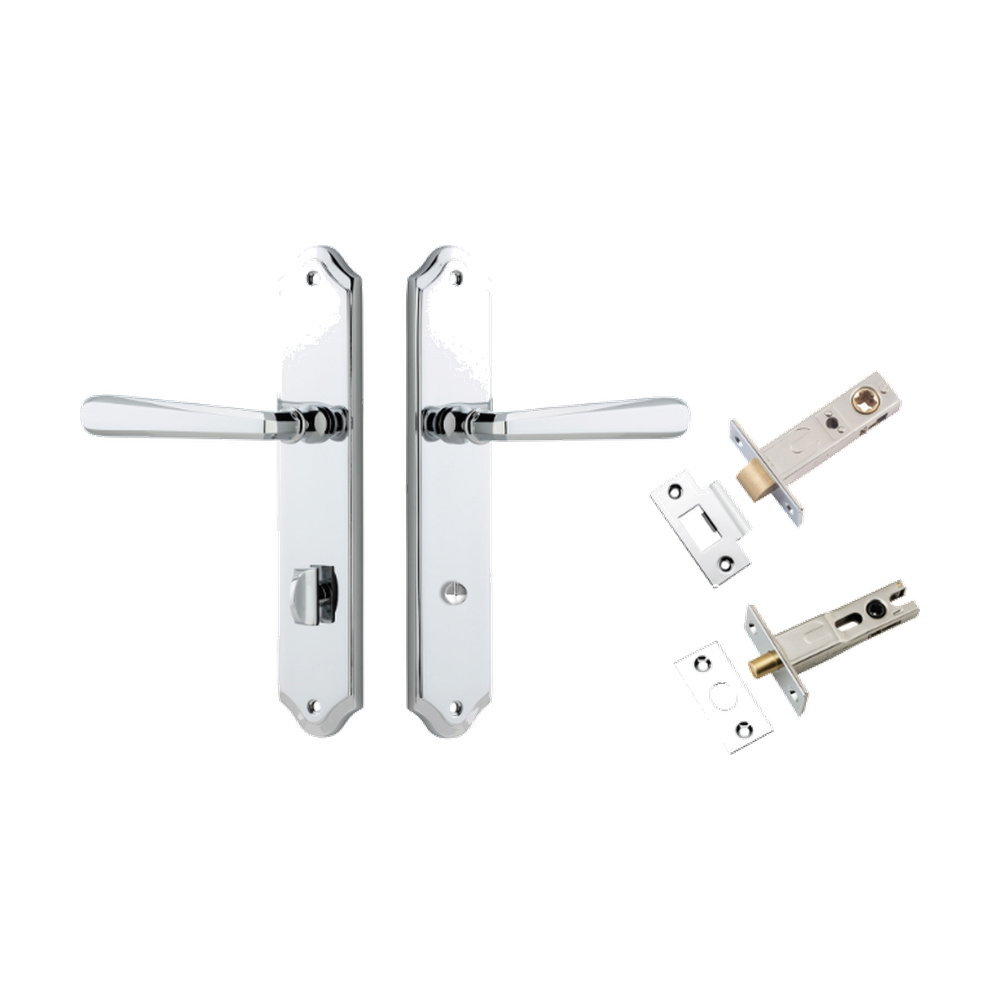 Door Lever Copenhagen Shouldered Privacy Pair Polished Chrome CTC85mm H250xW48xP61mm Inbuilt Privacy Kit Tube Latch Split Cam 'T' Striker Polished Chrome Backset 60mm, Privacy Bolt Round Bolt Polished Chrome Backset 60mm in Polished Chrome