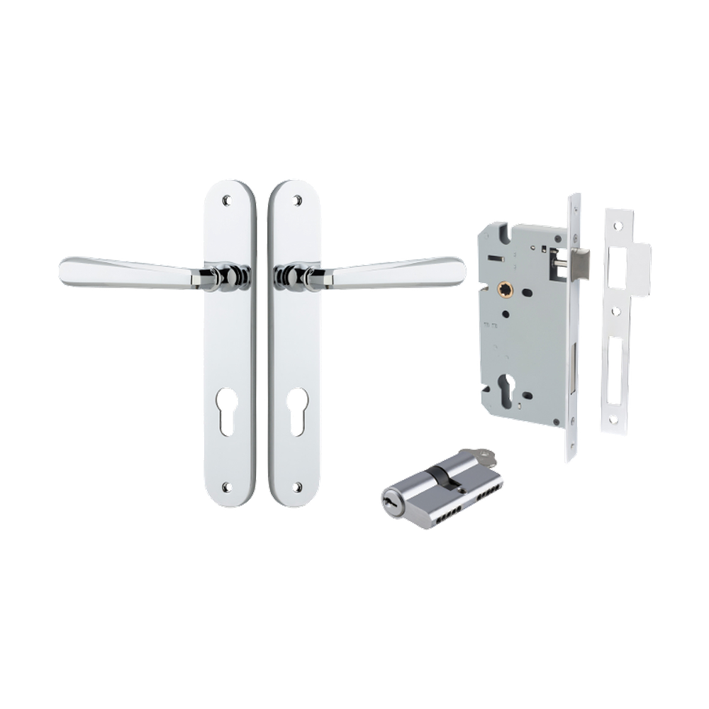 Door Lever Copenhagen Oval Euro Pair Polished Chrome CTC85mm H240xW40xP61mm Entrance Kit Mortice Lock Euro Polished Chrome CTC85mm Backset 60mm, Euro Cylinder Dual Function 5 Pin Polished Chrome L65mm KA1 in Polished Chrome