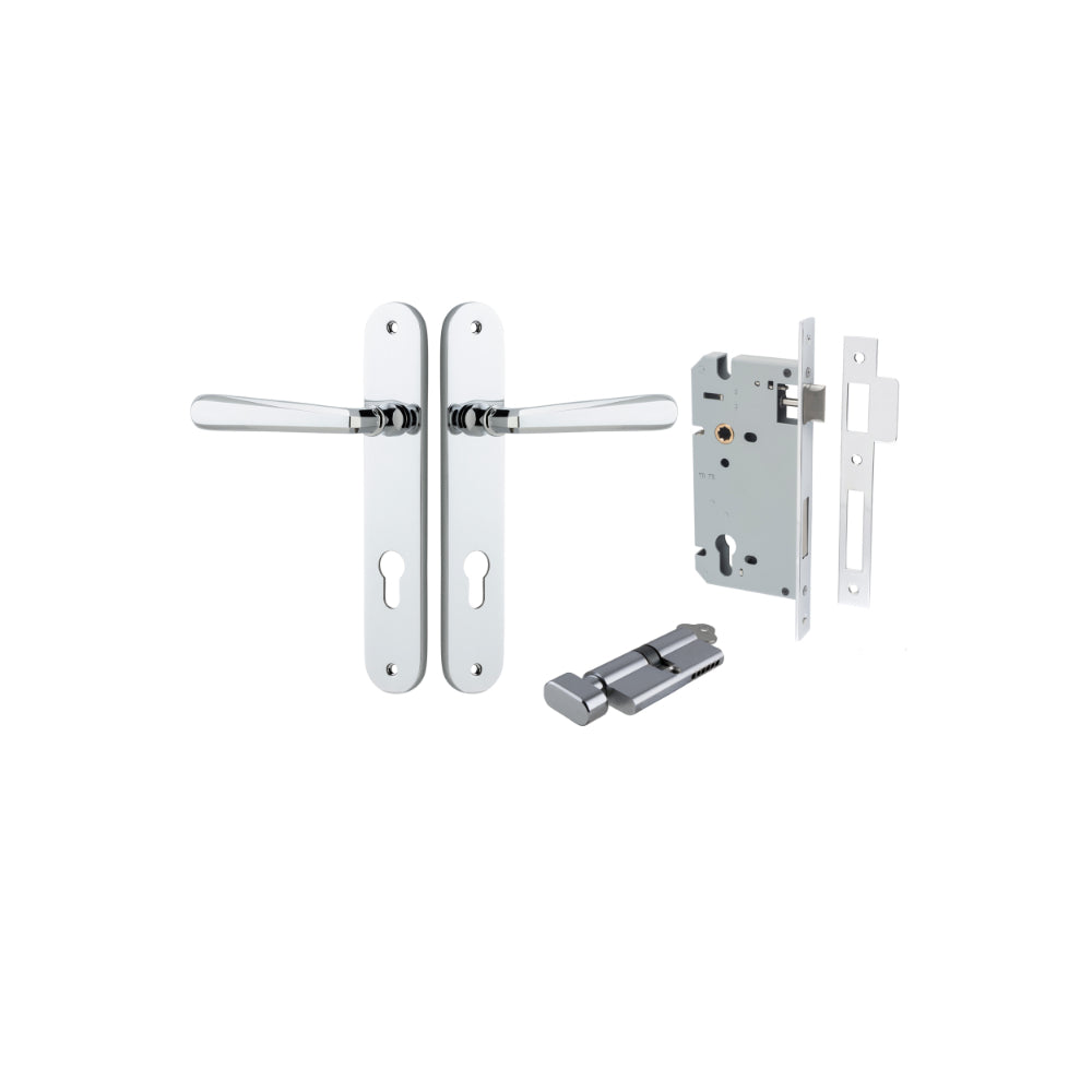 Door Lever Copenhagen Oval Euro Pair Polished Chrome CTC85mm H240xW40xP61mm Entrance Kit Mortice Lock Euro Polished Chrome CTC85mm Backset 60mm, Euro Cylinder Key Thumb 6 Pin Polished Chrome L70mm KA1 in Polished Chrome