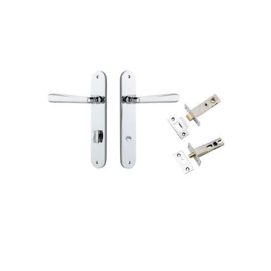 Door Lever Copenhagen Oval Privacy Pair Polished Chrome CTC85mm H240xW40xP61mm Inbuilt Privacy Kit Tube Latch Split Cam 'T' Striker Polished Chrome Backset 60mm, Privacy Bolt Round Bolt Polished Chrome Backset 60mm in Polished Chrome