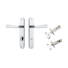 Door Lever Copenhagen Oval Privacy Pair Polished Chrome CTC85mm H240xW40xP61mm Inbuilt Privacy Kit Tube Latch Split Cam 'T' Striker Polished Chrome Backset 60mm, Privacy Bolt Round Bolt Polished Chrome Backset 60mm in Polished Chrome