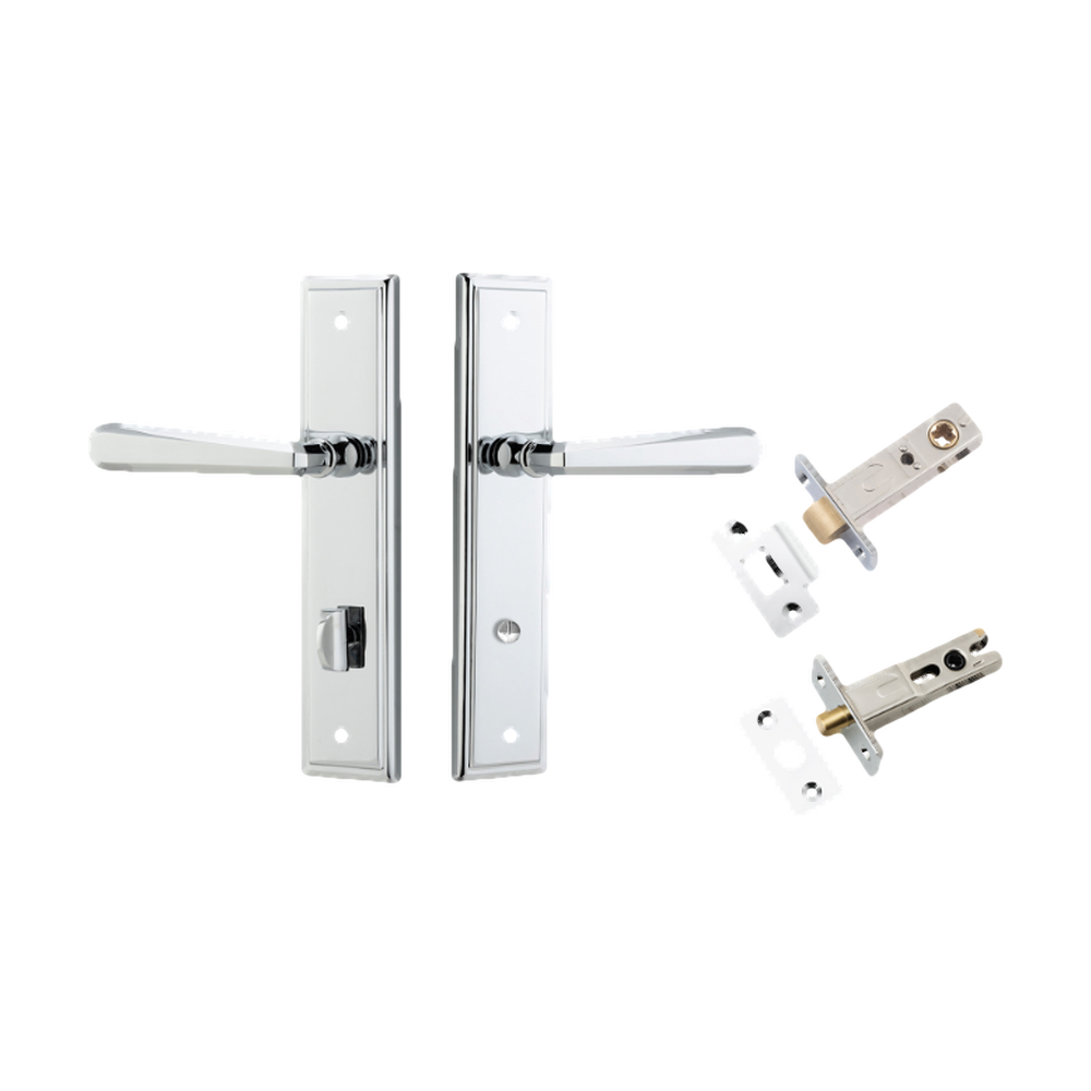 Door Lever Copenhagen Stepped Privacy Pair Polished Chrome CTC85mm H237xW50xP61mm Inbuilt Privacy Kit Tube Latch Split Cam 'T' Striker Polished Chrome Backset 60mm, Privacy Bolt Round Bolt Polished Chrome Backset 60mm in Polished Chrome