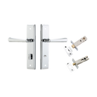Pair of Iver Copenhagen architectural hardware levers on stepped backplates, featuring sleek, modern design for doors.