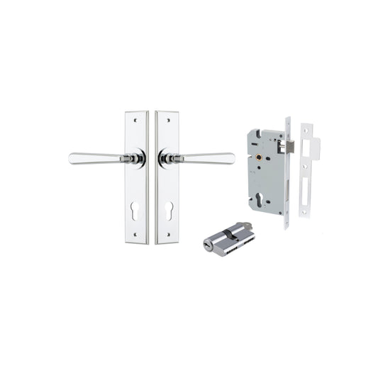 Door Lever Copenhagen Chamfered Euro Pair Polished Chrome CTC85mm L120xP59mm BPH240xW50mm Mortice Lock Euro Polished Chrome CTC85mm Backset 60mm, Euro Cylinder Dual Function 5 Pin Polished Chrome 65mm KA4 in Polished Chrome