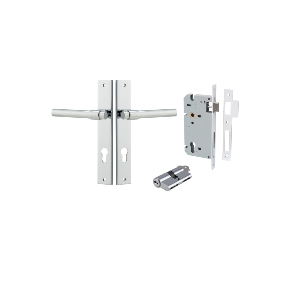 Door Lever Helsinki Rectangular Euro Pair Polished Chrome CTC85mm H240xW38xP44mm Entrance Kit, Mortice Lock Euro Polished Chrome CTC85mm Backset 60mm, Euro Cylinder Dual Function 5 Pin Polished Chrome L65mm KA1 in Polished Chrome