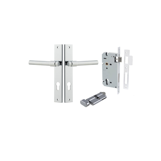 Door Lever Helsinki Rectangular Euro Pair Polished Chrome CTC85mm H240xW38xP44mm Entrance Kit, Mortice Lock Euro Polished Chrome CTC85mm Backset 60mm, Euro Cylinder Key Thumb 6 Pin Polished Chrome L70mm KA1 in Polished Chrome