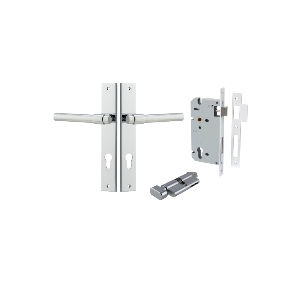 Door Lever Helsinki Rectangular Euro Pair Polished Chrome CTC85mm H240xW38xP44mm Entrance Kit, Mortice Lock Euro Polished Chrome CTC85mm Backset 60mm, Euro Cylinder Key Thumb 6 Pin Polished Chrome L70mm KA1 in Polished Chrome
