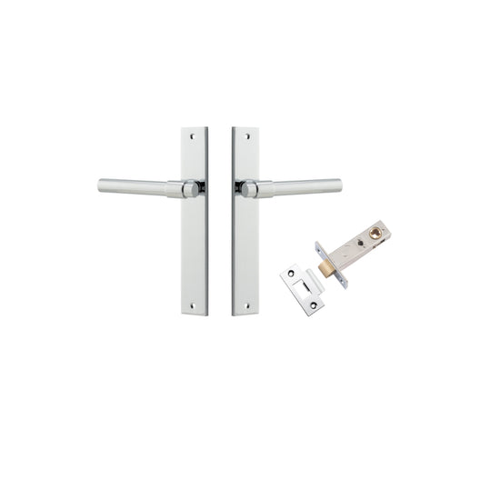 Door Lever Helsinki Rectangular Latch Pair Polished Chrome H240xW38xP44mm Passage Kit, Tube Latch Split Cam 'T' Striker Polished Chrome Backset 60mm in Polished Chrome