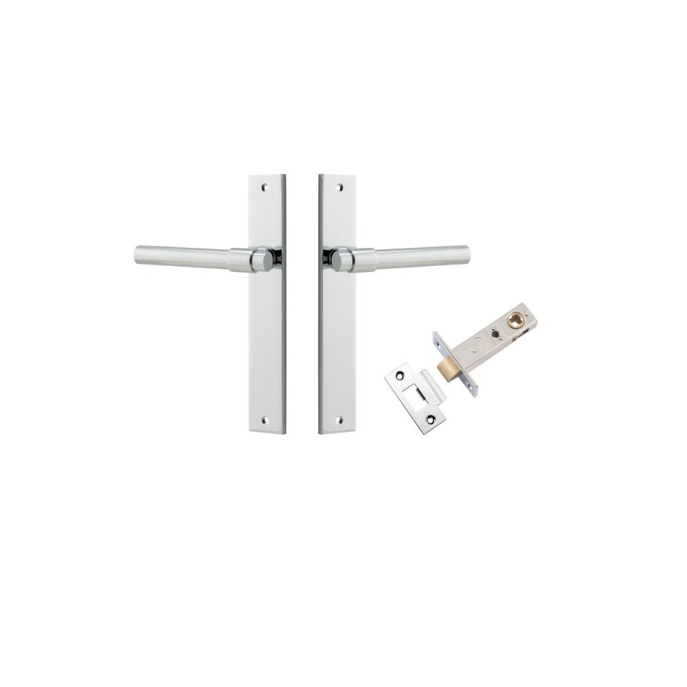 Door Lever Helsinki Rectangular Latch Pair Polished Chrome H240xW38xP44mm Passage Kit, Tube Latch Split Cam 'T' Striker Polished Chrome Backset 60mm in Polished Chrome