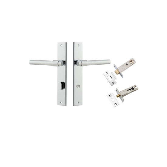 Door Lever Helsinki Rectangular Privacy Pair Polished Chrome CTC85mm H240xW38xP44mm Privacy Kit, Tube Latch Split Cam 'T' Striker Polished Chrome Backset 60mm, Privacy Bolt Round Bolt Polished Chrome Backset 60mm in Polished Chrome