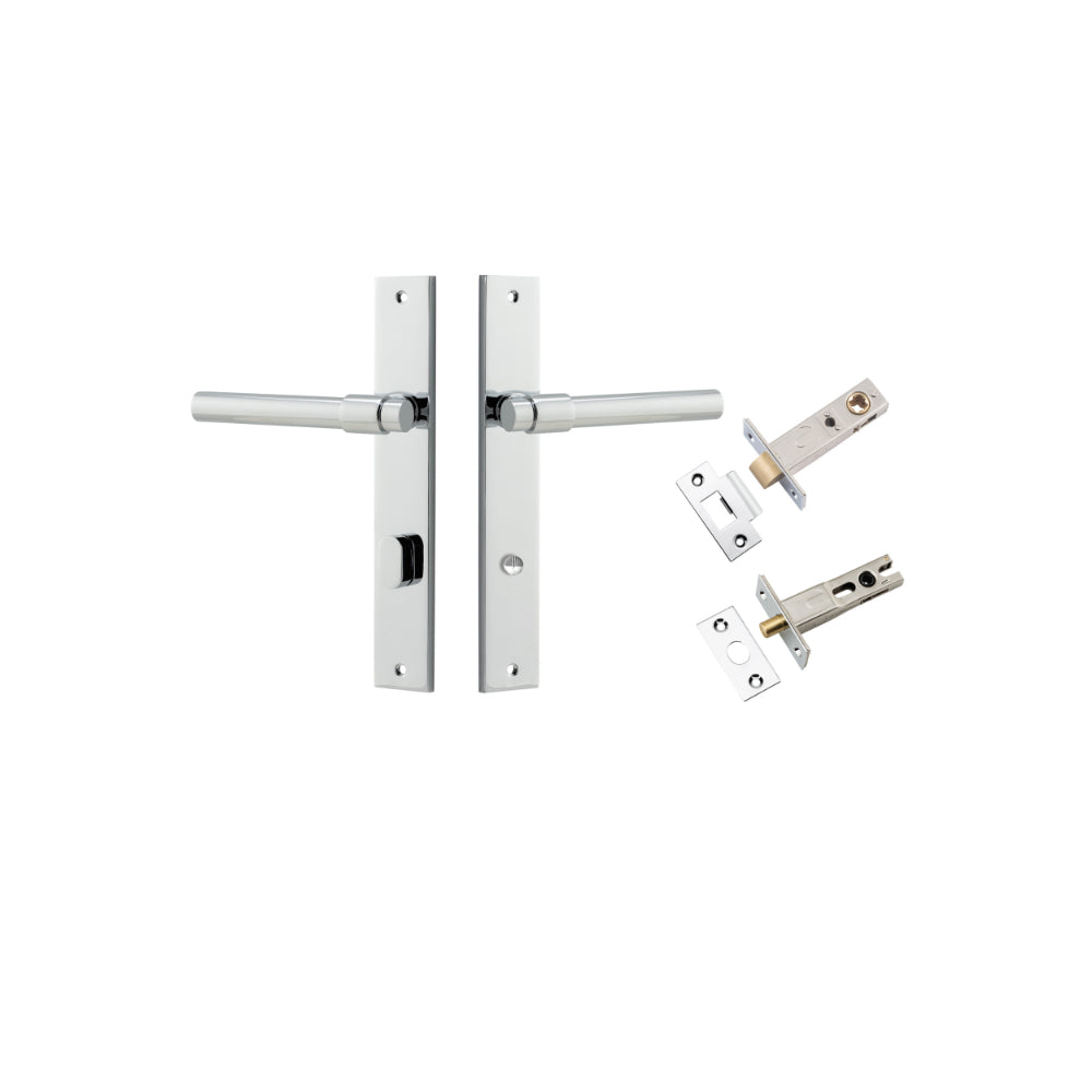 Door Lever Helsinki Rectangular Privacy Pair Polished Chrome CTC85mm H240xW38xP44mm Privacy Kit, Tube Latch Split Cam 'T' Striker Polished Chrome Backset 60mm, Privacy Bolt Round Bolt Polished Chrome Backset 60mm in Polished Chrome