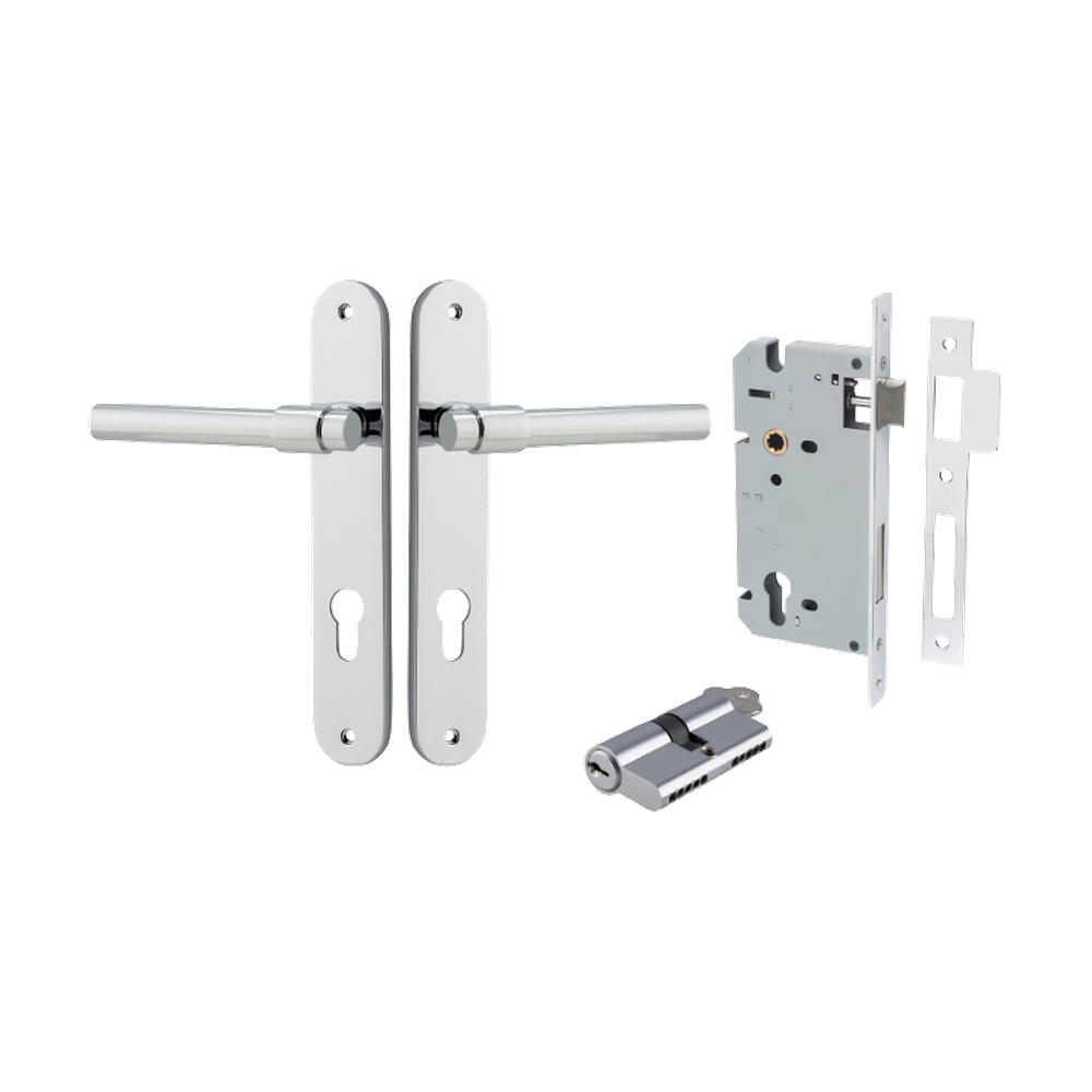 Door Lever Helsinki Oval Euro Pair Polished Chrome CTC85mm H240xW40xP44mm Entrance Kit Mortice Lock Euro Polished Chrome CTC85mm Backset 60mm, Euro Cylinder Dual Function 5 Pin Polished Chrome L65mm KA1 in Polished Chrome