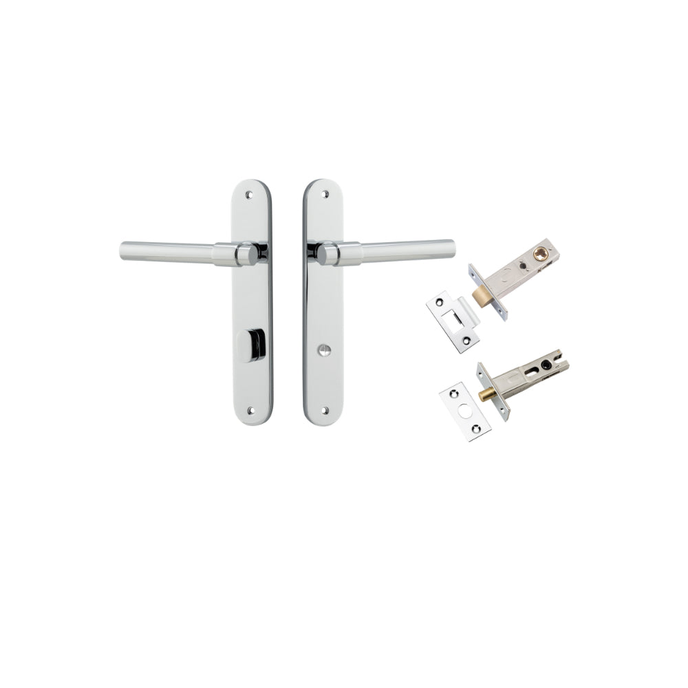 Door Lever Helsinki Oval Privacy Pair Polished Chrome CTC85mm H240xW40xP44mm Privacy Kit Tube Latch Split Cam 'T' Striker Polished Chrome Backset 60mm, Privacy Bolt Round Bolt Polished Chrome Backset 60mm in Polished Chrome