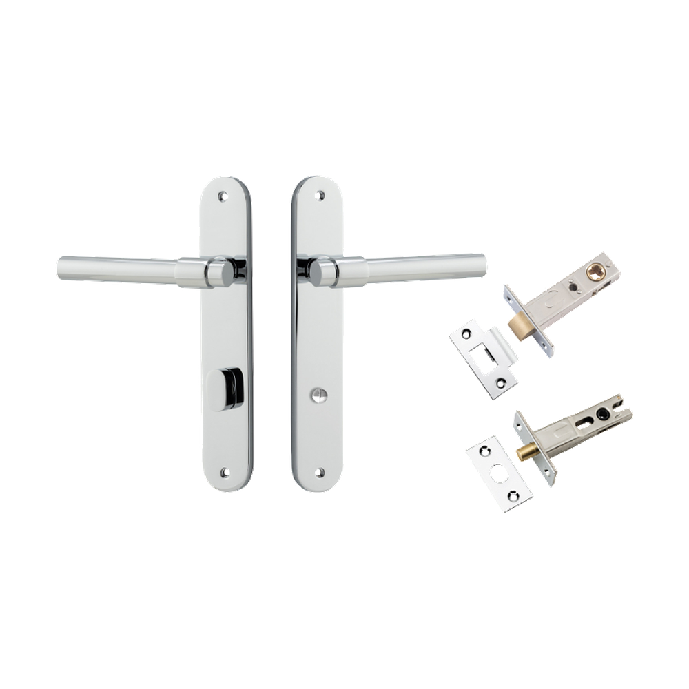 Door Lever Helsinki Oval Privacy Pair Polished Chrome CTC85mm H240xW40xP44mm Privacy Kit Tube Latch Split Cam 'T' Striker Polished Chrome Backset 60mm, Privacy Bolt Round Bolt Polished Chrome Backset 60mm in Polished Chrome