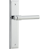 Pair of Iver Helsinki lever door handles on stepped backplates, featuring modern black finish and sleek design.