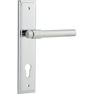 Pair of Iver Helsinki lever door handles on stepped backplates, featuring sleek modern design and brushed metal finish.