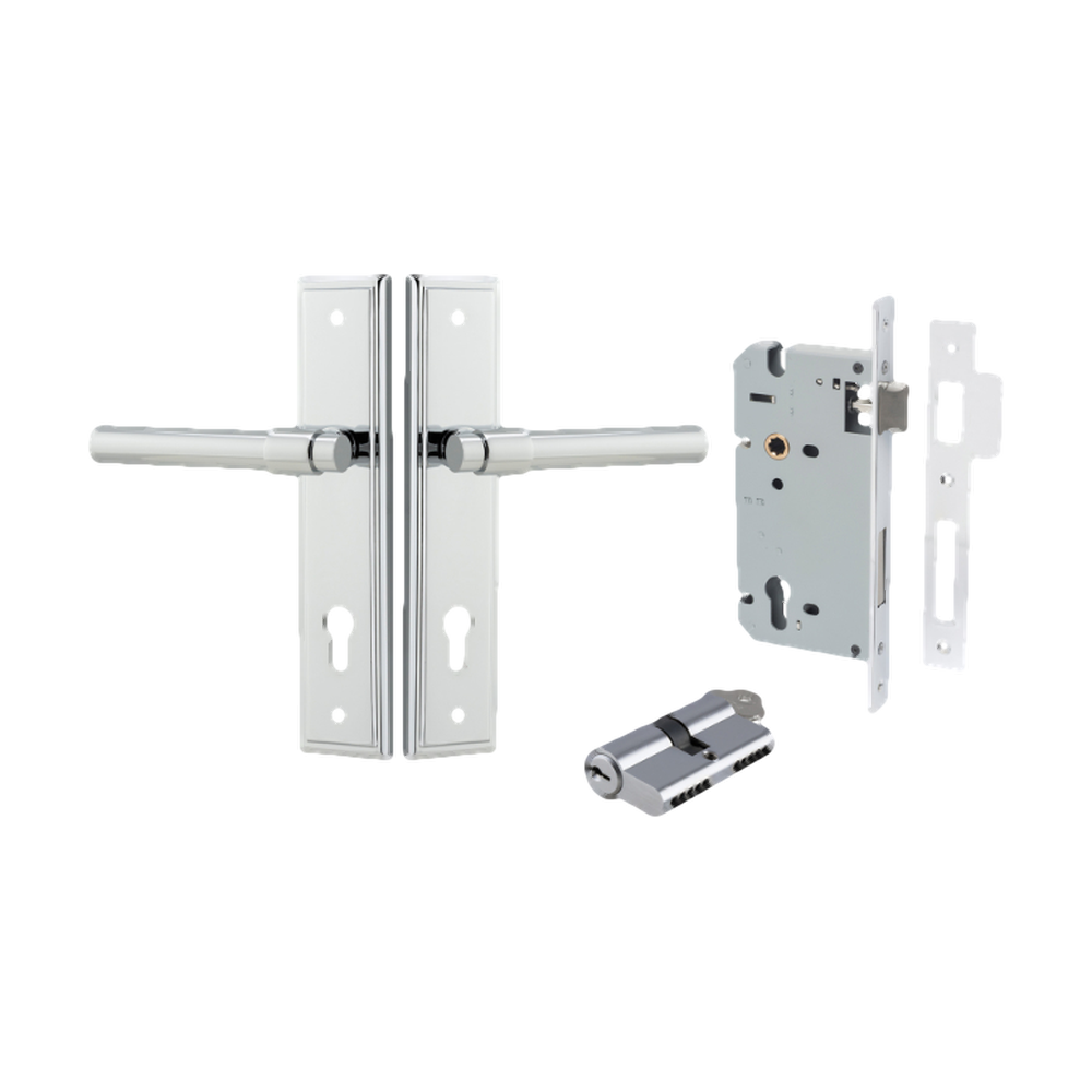Door Lever Helsinki Stepped Euro Pair Polished Chrome CTC85mm H237xW50xP44mm Entrance Kit Mortice Lock Euro Polished Chrome CTC85mm Backset 60mm Euro Cylinder Dual Function 5 Pin Polished Chrome L65mm KA1 in Polished Chrome
