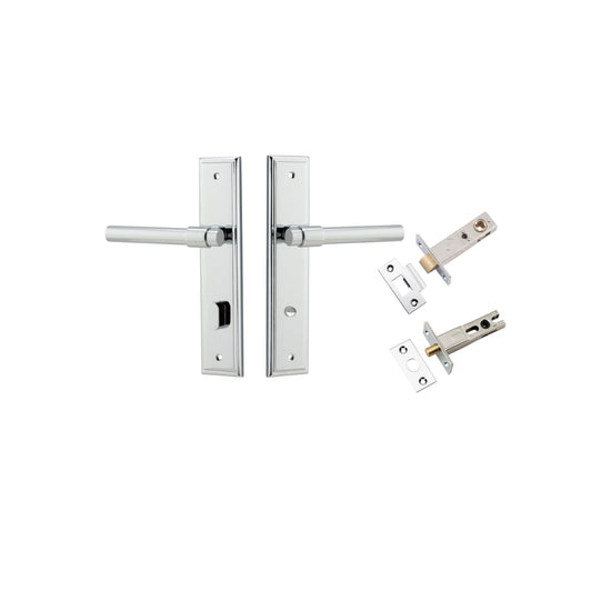 Door Lever Helsinki Stepped Privacy Pair Polished Chrome CTC85mm H237xW50xP44mm Inbuilt Privacy Kit Tube Latch Split Cam 'T' Striker Polished Chrome Backset 60mm Privacy Bolt Round Bolt Polished Chrome Backset 60mm in Polished Chrome