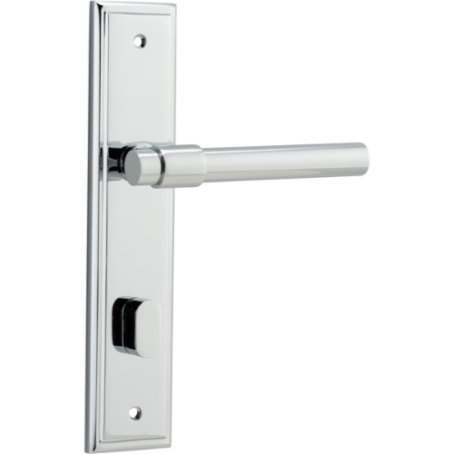 Pair of Iver Helsinki lever door handles on stepped backplate, featuring sleek modern design and polished finish.