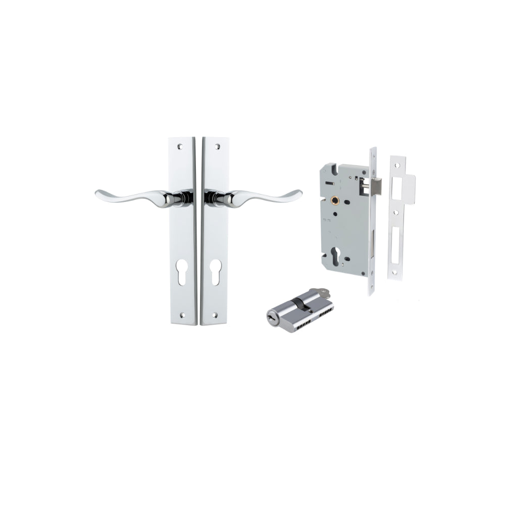 Door Lever Stirling Rectangular Euro Pair Polished Chrome CTC85mm H240xW38xP64mm Entrance Kit, Mortice Lock Euro Polished Chrome CTC85mm Backset 60mm, Euro Cylinder Dual Function 5 Pin Polished Chrome L65mm KA1 in Polished Chrome