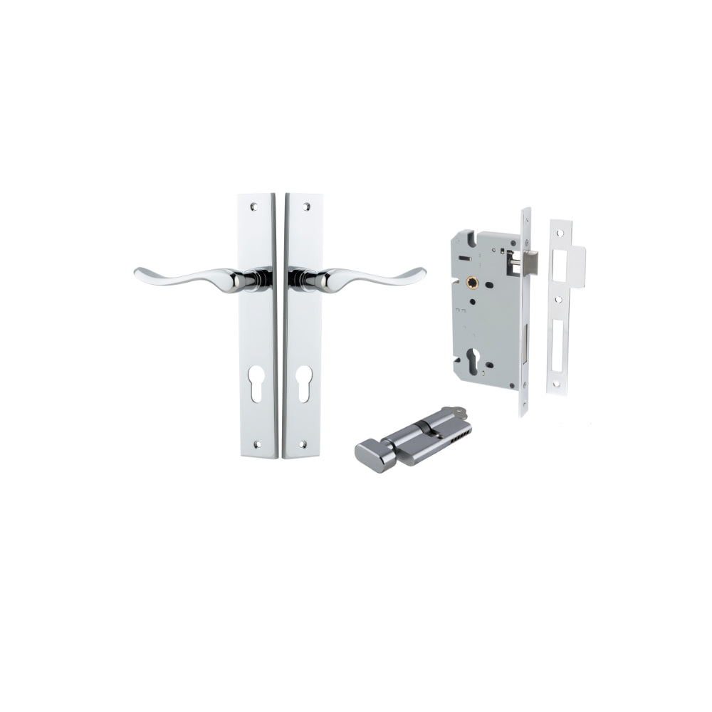 Door Lever Stirling Rectangular Euro Pair Polished Chrome CTC85mm H240xW38xP64mm Entrance Kit, Mortice Lock Euro Polished Chrome CTC85mm Backset 60mm, Euro Cylinder Key Thumb 6 Pin Polished Chrome L70mm KA1 in Polished Chrome