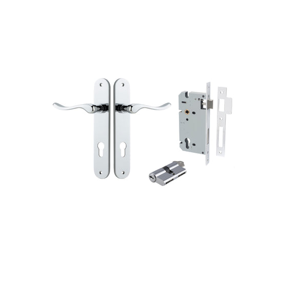 Door Lever Stirling Oval Euro Pair Polished Chrome CTC85mm H240xW40xP64mm Entrance Kit Mortice Lock Euro Polished Chrome CTC85mm Backset 60mm, Euro Cylinder Dual Function 5 Pin Polished Chrome L65mm KA1 in Polished Chrome