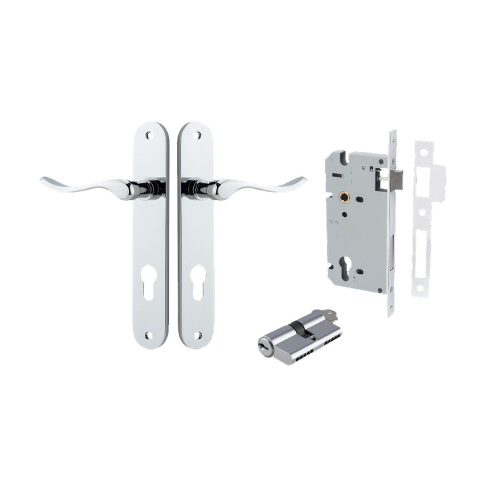 Door Lever Stirling Oval Euro Pair Polished Chrome CTC85mm H240xW40xP64mm Entrance Kit Mortice Lock Euro Polished Chrome CTC85mm Backset 60mm, Euro Cylinder Dual Function 5 Pin Polished Chrome L65mm KA1 in Polished Chrome
