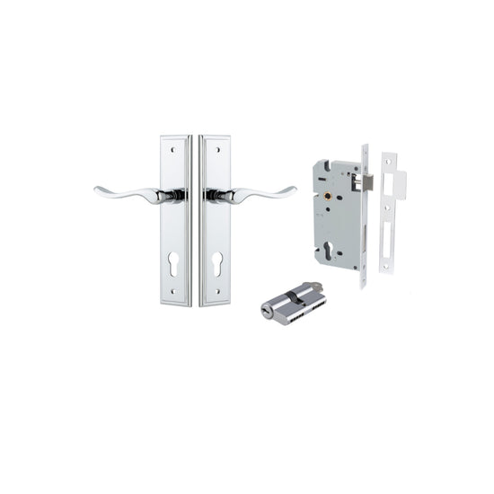 Door Lever Stirling Stepped Euro Pair Polished Chrome CTC85mm H237xW50xP64mm Entrance Kit Mortice Lock Euro Polished Chrome CTC85mm Backset 60mm, Euro Cylinder Dual Function 5 Pin Polished Chrome L65mm KA1 in Polished Chrome