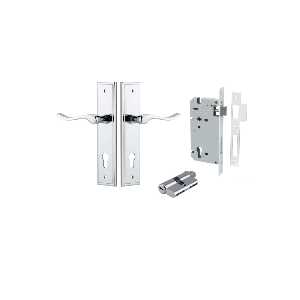 Door Lever Stirling Stepped Euro Pair Polished Chrome CTC85mm H237xW50xP64mm Entrance Kit Mortice Lock Euro Polished Chrome CTC85mm Backset 60mm, Euro Cylinder Dual Function 5 Pin Polished Chrome L65mm KA1 in Polished Chrome