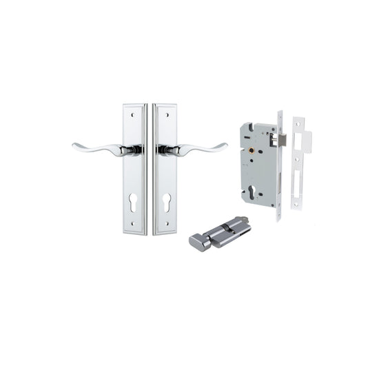 Door Lever Stirling Stepped Euro Pair Polished Chrome CTC85mm H237xW50xP64mm Entrance Kit Mortice Lock Euro Polished Chrome CTC85mm Backset 60mm, Euro Cylinder Key Thumb 6 Pin Polished Chrome L70mm KA1 in Polished Chrome