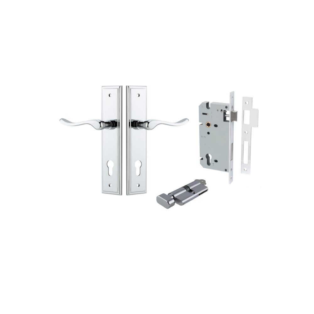 Door Lever Stirling Stepped Euro Pair Polished Chrome CTC85mm H237xW50xP64mm Entrance Kit Mortice Lock Euro Polished Chrome CTC85mm Backset 60mm, Euro Cylinder Key Thumb 6 Pin Polished Chrome L70mm KA1 in Polished Chrome