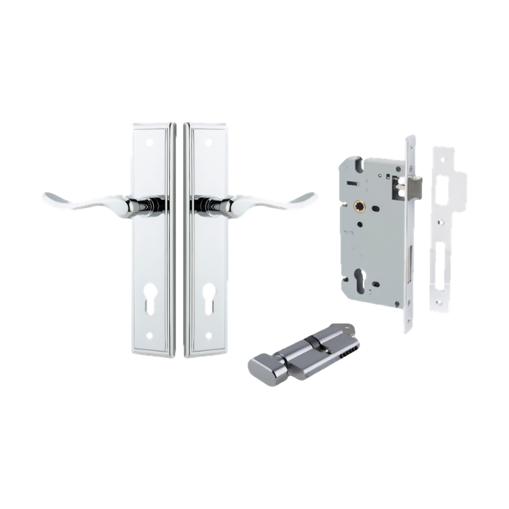 Door Lever Stirling Stepped Euro Pair Polished Chrome CTC85mm H237xW50xP64mm Entrance Kit Mortice Lock Euro Polished Chrome CTC85mm Backset 60mm, Euro Cylinder Key Thumb 6 Pin Polished Chrome L70mm KA1 in Polished Chrome