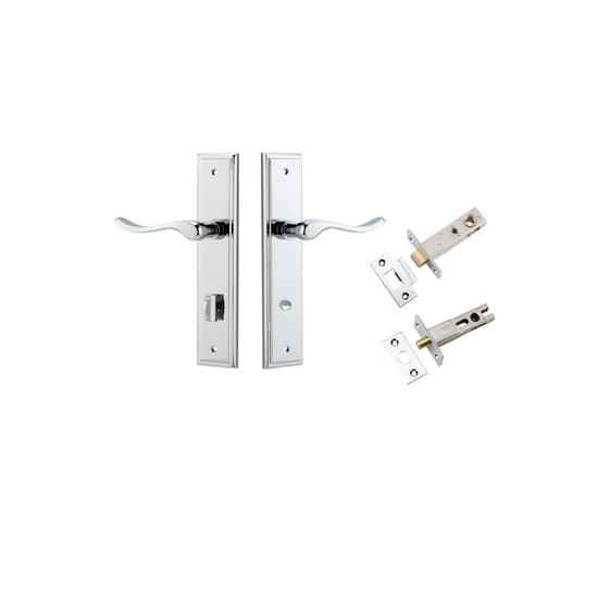 Door Lever Stirling Stepped Privacy Pair Polished Chrome CTC85mm H237xW50xP64mm Privacy Kit Tube Latch Split Cam 'T' Striker Polished Chrome Backset 60mm, Privacy Bolt Round Bolt Polished Chrome Backset 60mm in Polished Chrome