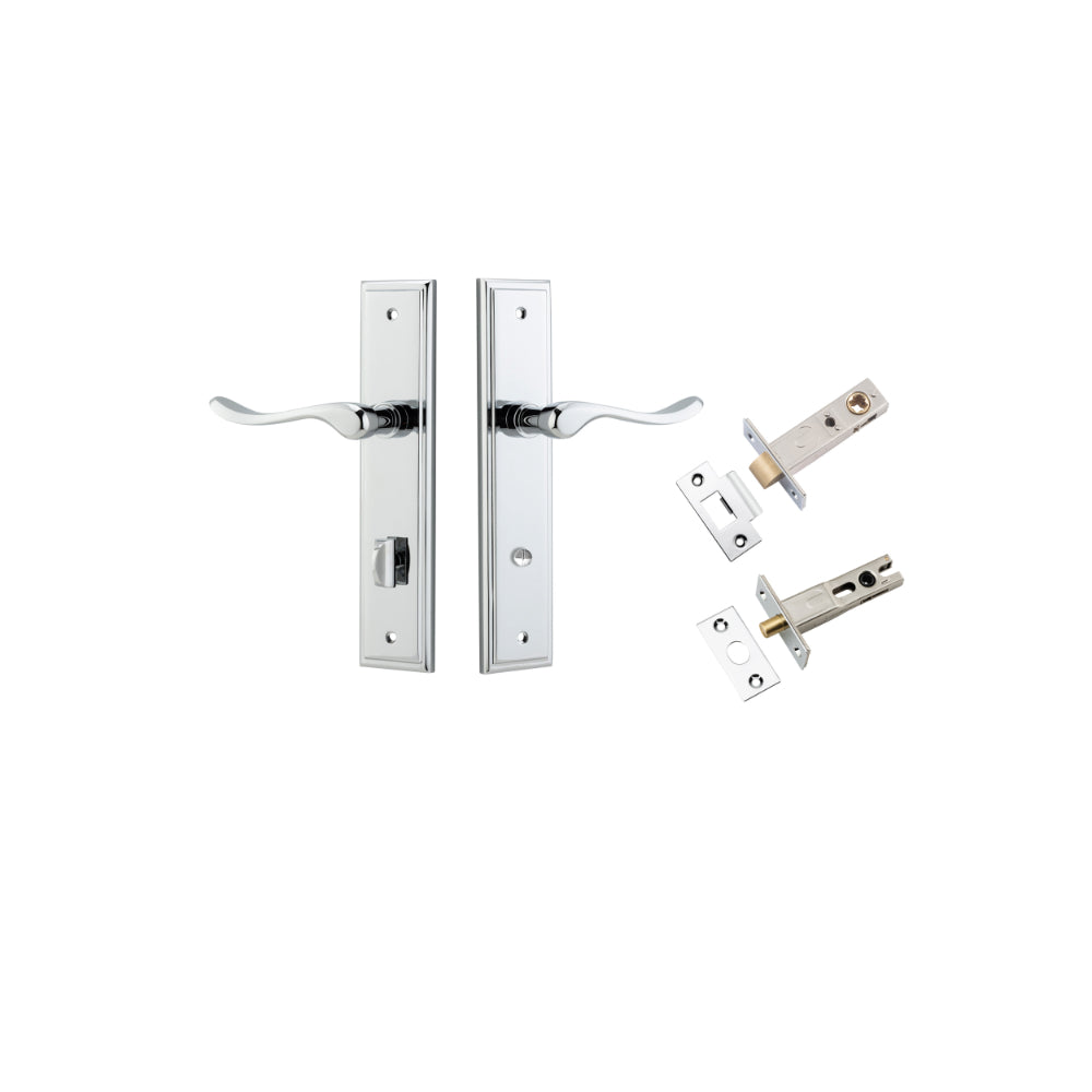 Door Lever Stirling Stepped Privacy Pair Polished Chrome CTC85mm H237xW50xP64mm Privacy Kit Tube Latch Split Cam 'T' Striker Polished Chrome Backset 60mm, Privacy Bolt Round Bolt Polished Chrome Backset 60mm in Polished Chrome