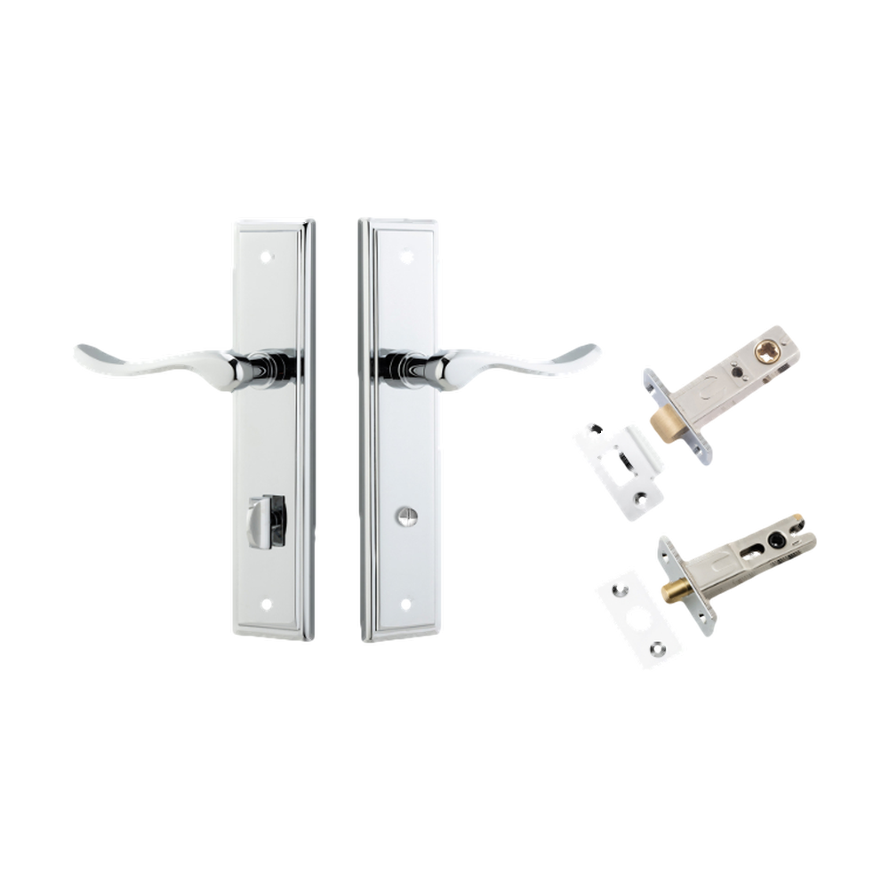 Door Lever Stirling Stepped Privacy Pair Polished Chrome CTC85mm H237xW50xP64mm Privacy Kit Tube Latch Split Cam 'T' Striker Polished Chrome Backset 60mm, Privacy Bolt Round Bolt Polished Chrome Backset 60mm in Polished Chrome