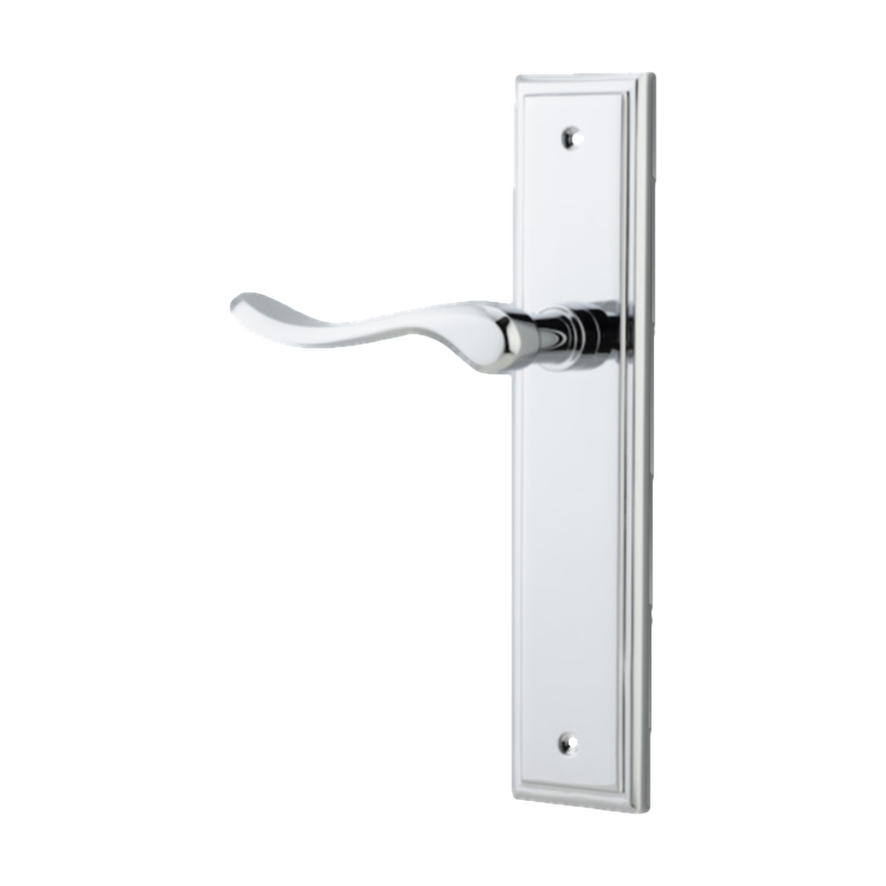 Door Lever Stirling Stepped Latch Left Hand Fixed Polished Chrome L116xP65mm BPH237xW50mm in Polished Chrome