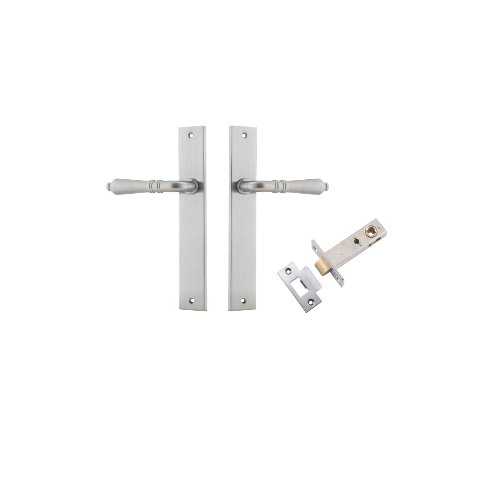 Pair of Iver Sarlat lever door handles with rectangular backplates, featuring a sleek, modern design in a matte finish.