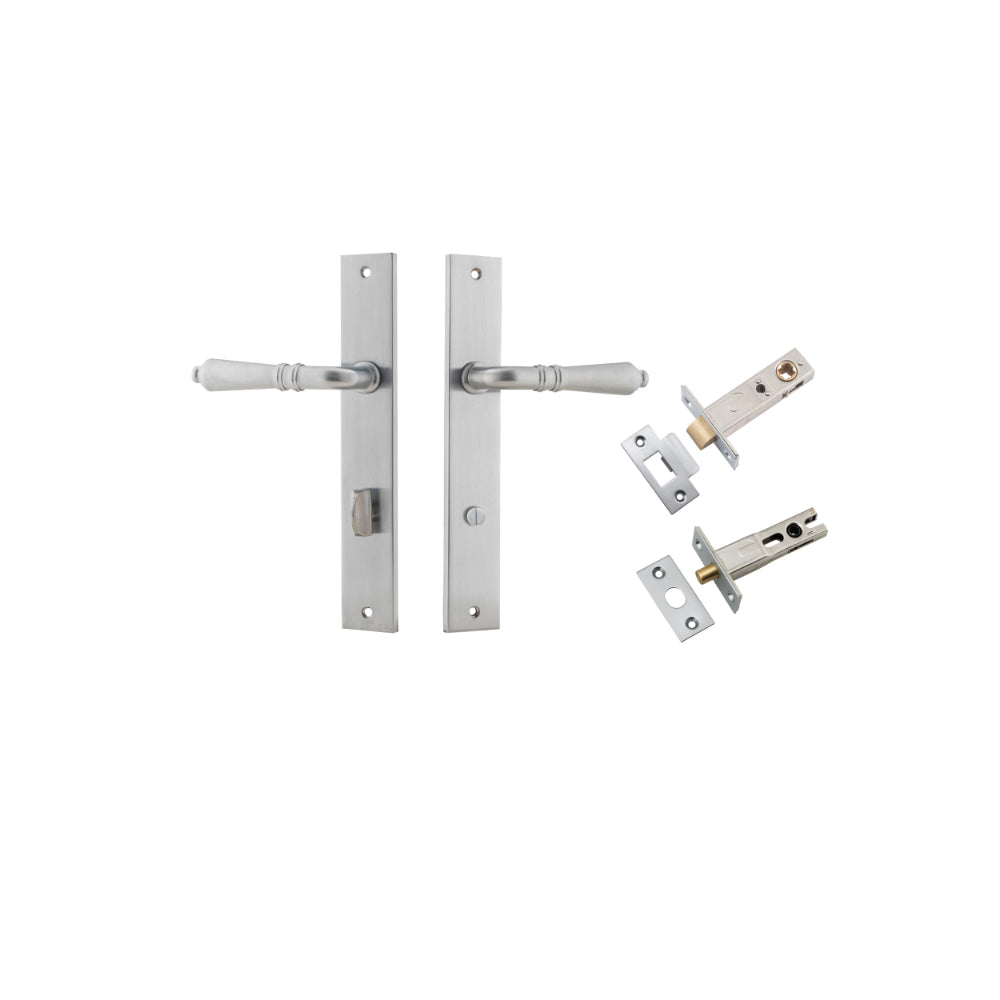 Pair of Iver Sarlat lever door handles on rectangular backplates, featuring sleek modern design and polished finish.
